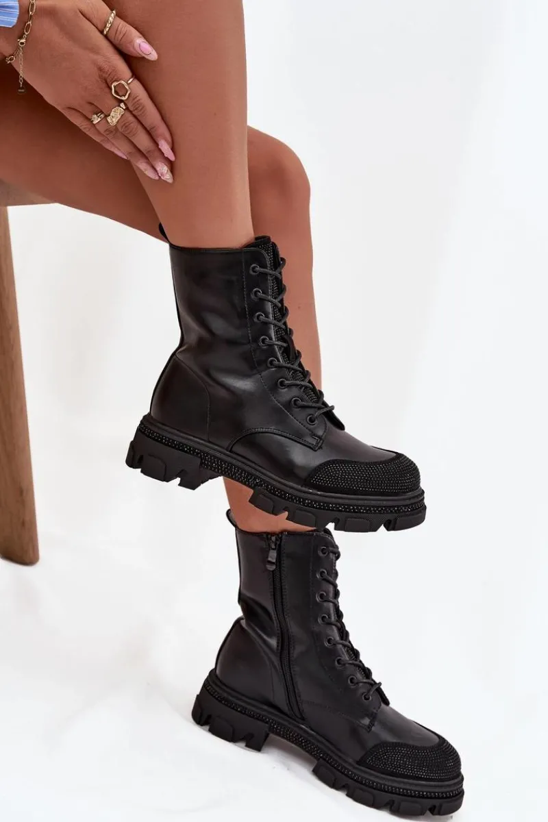 Online Botki Workery Damskie Ocieplane Ze Zdobieniem S.Barski HY42-982 Czarne Damskie Botki Ocieplane|Botki Skórzane