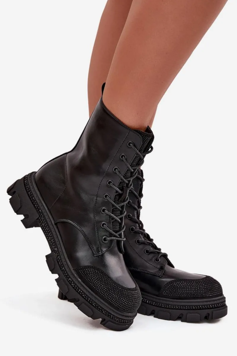 Online Botki Workery Damskie Ocieplane Ze Zdobieniem S.Barski HY42-982 Czarne Damskie Botki Ocieplane|Botki Skórzane