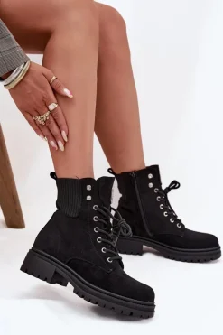 Botki Ocieplane|Botki Sznurowane></noscript>Boto Botki Workery Damskie Ocieplane Z Ozdobami Czarne Olivira