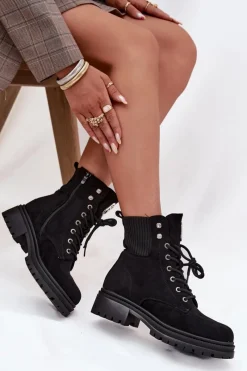 Botki Ocieplane|Botki Sznurowane></noscript>Boto Botki Workery Damskie Ocieplane Z Ozdobami Czarne Olivira