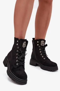Botki Ocieplane|Botki Sznurowane></noscript>Boto Botki Workery Damskie Ocieplane Z Ozdobami Czarne Olivira