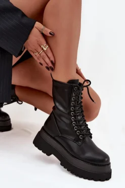 Hot Boto Botki Workery Damskie Ocieplane Na Masywnej Platformie Czarne Felisse