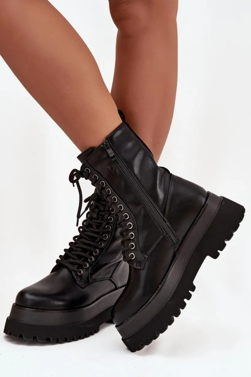 Hot Boto Botki Workery Damskie Ocieplane Na Masywnej Platformie Czarne Felisse