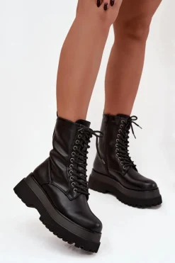 Hot Boto Botki Workery Damskie Ocieplane Na Masywnej Platformie Czarne Felisse