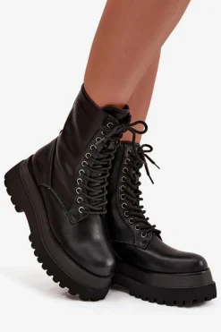 Hot Boto Botki Workery Damskie Ocieplane Na Masywnej Platformie Czarne Felisse