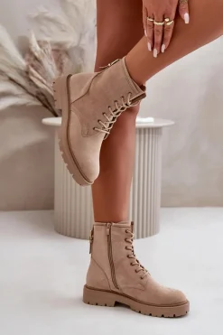 Outlet Boto Botki Workery Damskie Ocieplane Na Zamek Eko Zamszowe Beżowe Mardia