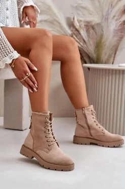 Outlet Boto Botki Workery Damskie Ocieplane Na Zamek Eko Zamszowe Beżowe Mardia