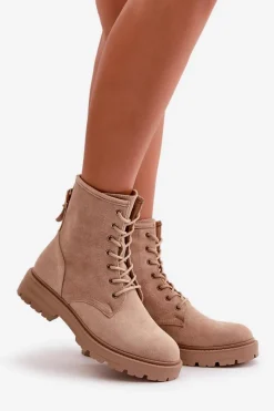 Outlet Boto Botki Workery Damskie Ocieplane Na Zamek Eko Zamszowe Beżowe Mardia