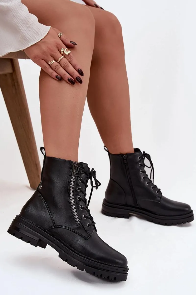 Clearance Botki Workery Damskie Ocieplane Czarne Ivonelle Damskie Botki Ocieplane|Botki Sznurowane