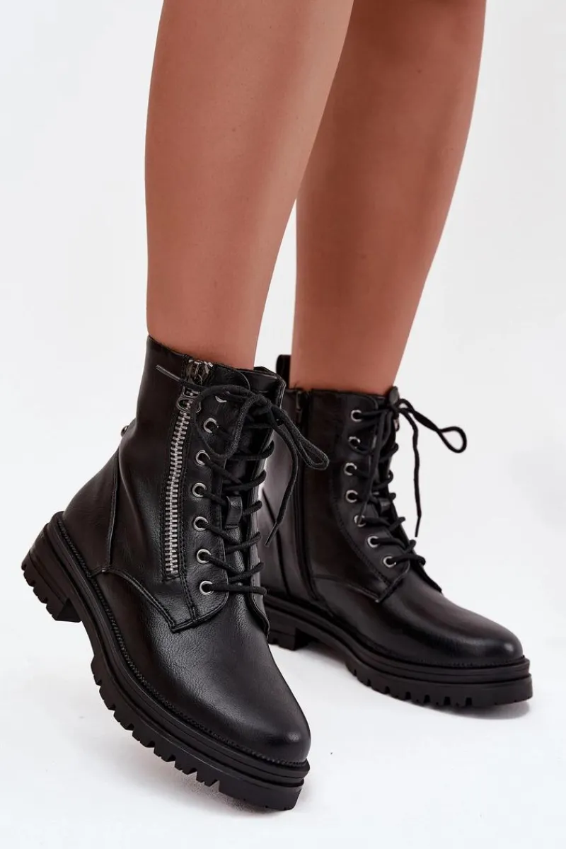 Clearance Botki Workery Damskie Ocieplane Czarne Ivonelle Damskie Botki Ocieplane|Botki Sznurowane