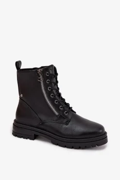 Clearance Botki Workery Damskie Ocieplane Czarne Ivonelle Damskie Botki Ocieplane|Botki Sznurowane