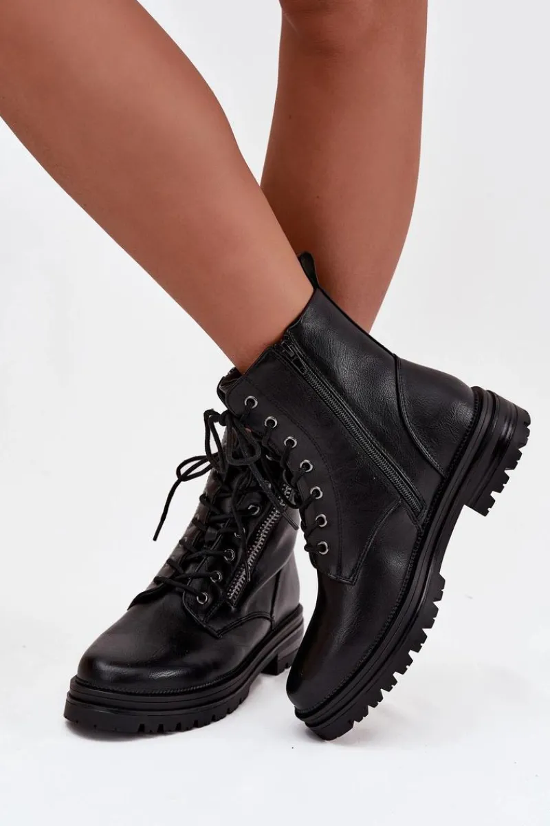 Clearance Botki Workery Damskie Ocieplane Czarne Ivonelle Damskie Botki Ocieplane|Botki Sznurowane