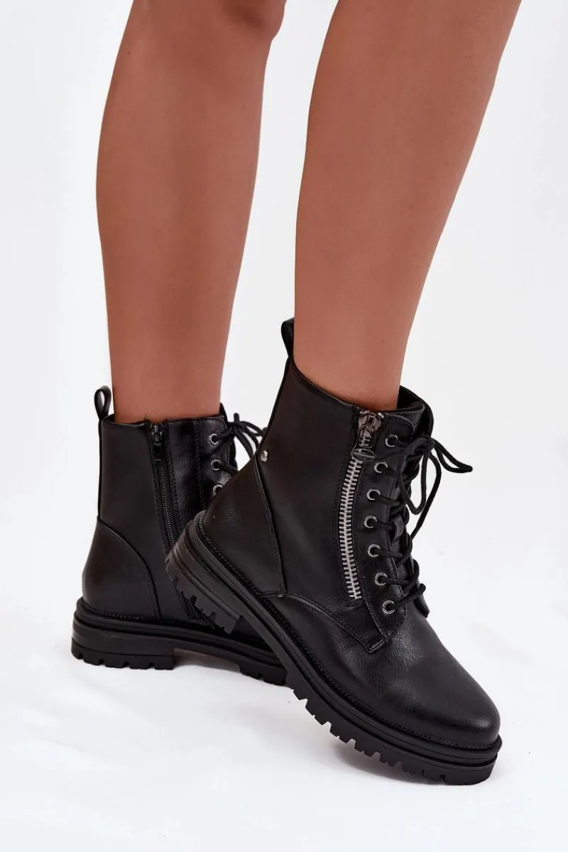 Clearance Botki Workery Damskie Ocieplane Czarne Ivonelle Damskie Botki Ocieplane|Botki Sznurowane