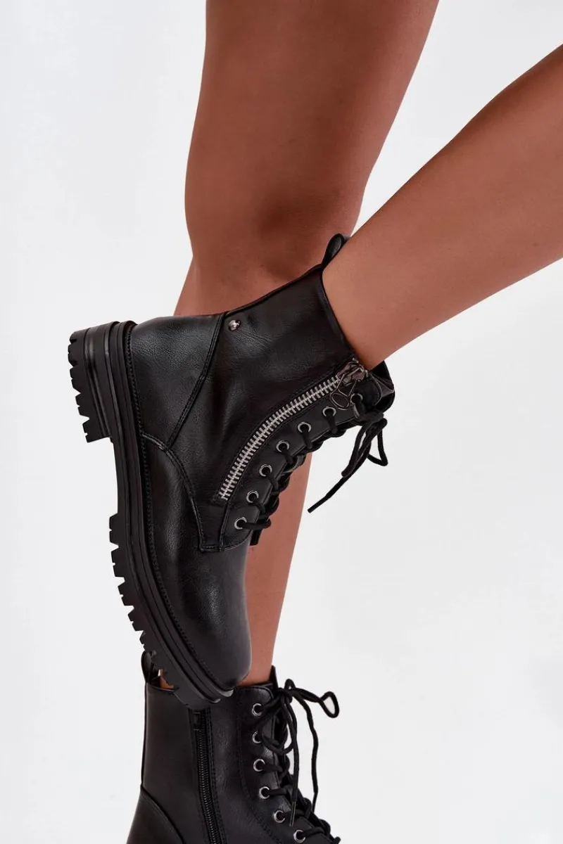 Clearance Botki Workery Damskie Ocieplane Czarne Ivonelle Damskie Botki Ocieplane|Botki Sznurowane