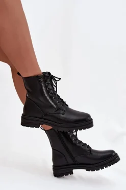 Clearance Botki Workery Damskie Ocieplane Czarne Ivonelle Damskie Botki Ocieplane|Botki Sznurowane