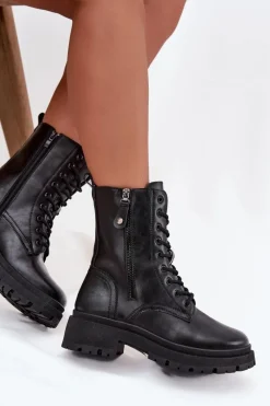 Hot Botki Workery Damskie Ocieplane Z Podwójnym Zamkiem Czarne Perlina Damskie Botki Ocieplane|Botki Sznurowane