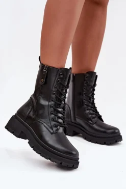 Hot Botki Workery Damskie Ocieplane Z Podwójnym Zamkiem Czarne Perlina Damskie Botki Ocieplane|Botki Sznurowane