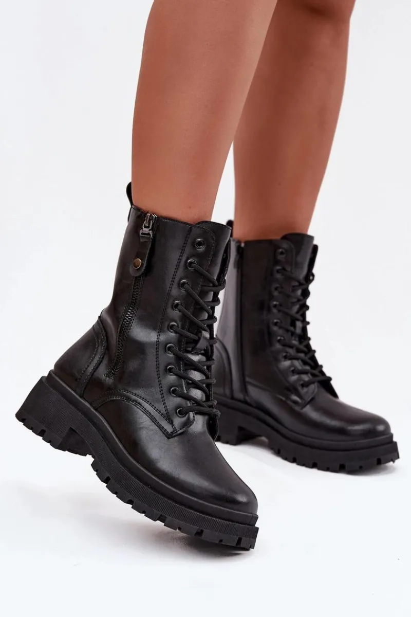 Hot Botki Workery Damskie Ocieplane Z Podwójnym Zamkiem Czarne Perlina Damskie Botki Ocieplane|Botki Sznurowane