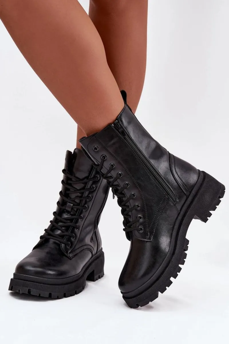 Hot Botki Workery Damskie Ocieplane Z Podwójnym Zamkiem Czarne Perlina Damskie Botki Ocieplane|Botki Sznurowane