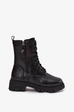 Hot Botki Workery Damskie Ocieplane Z Podwójnym Zamkiem Czarne Perlina Damskie Botki Ocieplane|Botki Sznurowane