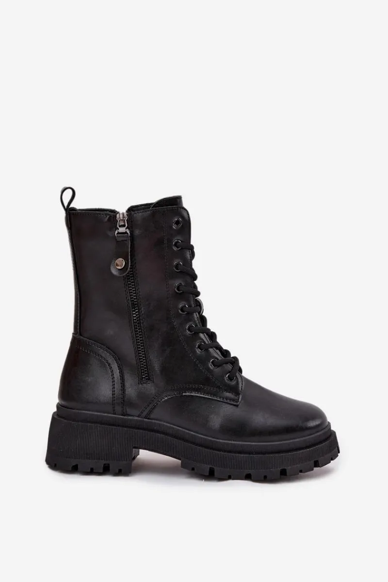 Hot Botki Workery Damskie Ocieplane Z Podwójnym Zamkiem Czarne Perlina Damskie Botki Ocieplane|Botki Sznurowane