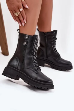 Hot Botki Workery Damskie Ocieplane Z Podwójnym Zamkiem Czarne Perlina Damskie Botki Ocieplane|Botki Sznurowane