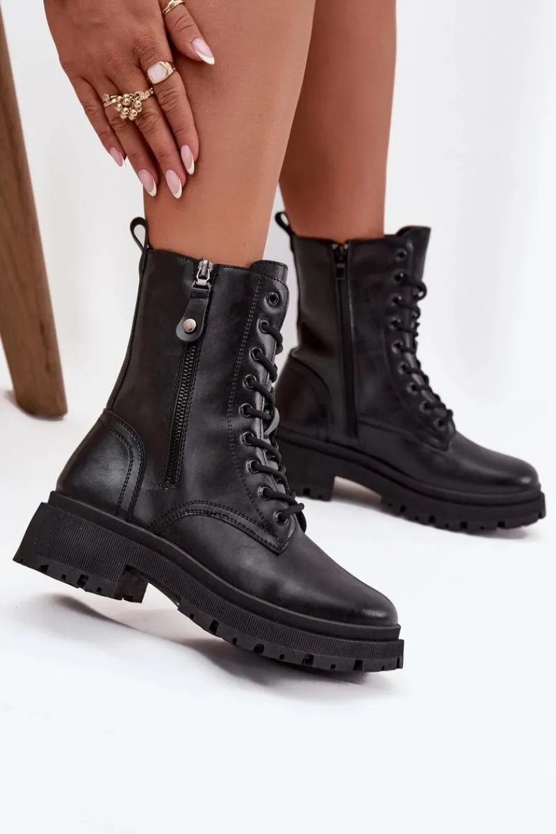 Hot Botki Workery Damskie Ocieplane Z Podwójnym Zamkiem Czarne Perlina Damskie Botki Ocieplane|Botki Sznurowane