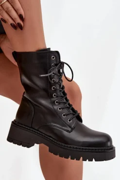 Outlet Botki Workery Damskie Z Eko Skóry Czarne Calesia Damskie Botki Ocieplane|Botki Sznurowane