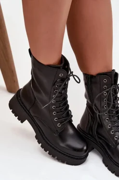 Outlet Botki Workery Damskie Z Eko Skóry Czarne Calesia Damskie Botki Ocieplane|Botki Sznurowane