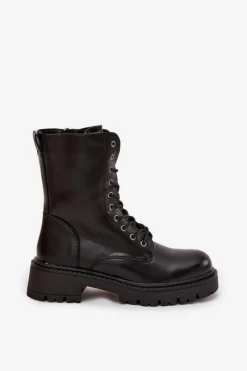 Outlet Botki Workery Damskie Z Eko Skóry Czarne Calesia Damskie Botki Ocieplane|Botki Sznurowane