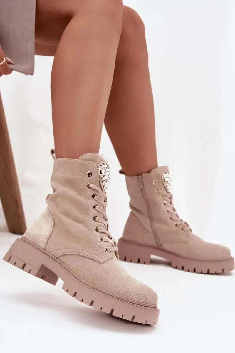 Clearance Boto Botki Workery Damskie Z Kryształkami Na Języku Jasnobeżowe Rosira Beżowy