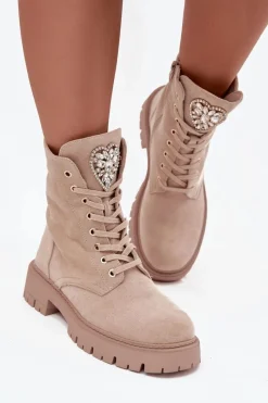 Clearance Boto Botki Workery Damskie Z Kryształkami Na Języku Jasnobeżowe Rosira Beżowy