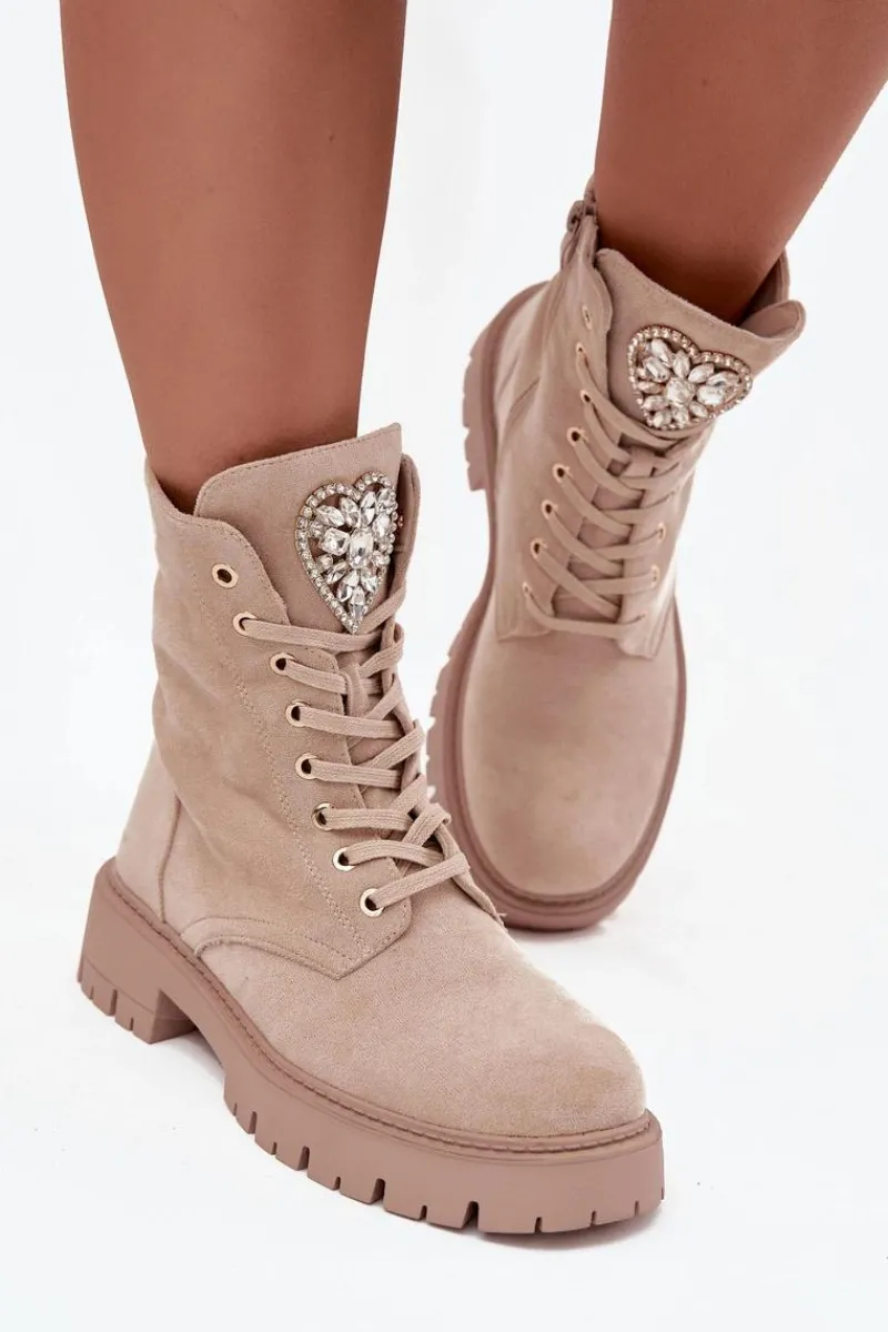 Clearance Boto Botki Workery Damskie Z Kryształkami Na Języku Jasnobeżowe Rosira Beżowy