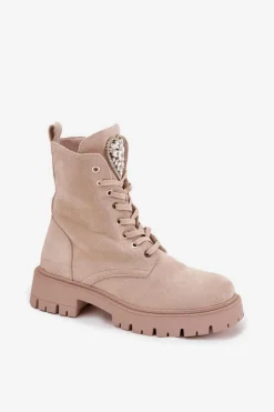 Clearance Boto Botki Workery Damskie Z Kryształkami Na Języku Jasnobeżowe Rosira Beżowy