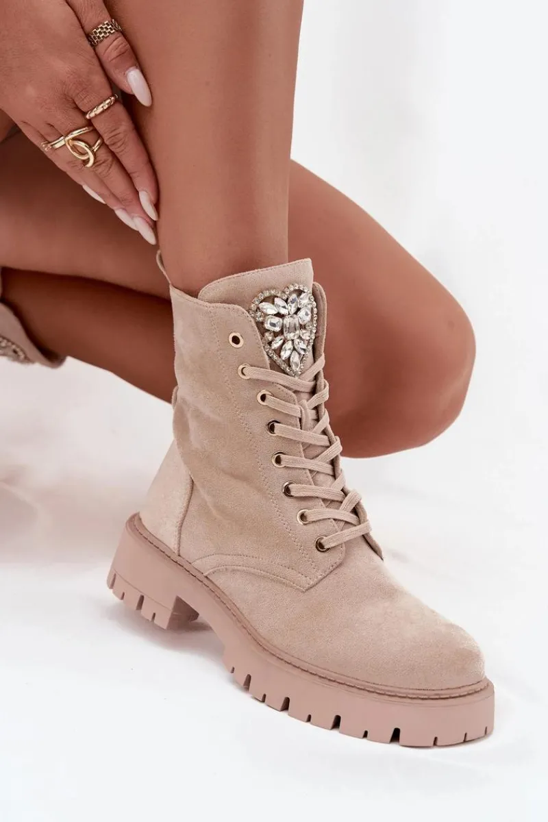 Clearance Boto Botki Workery Damskie Z Kryształkami Na Języku Jasnobeżowe Rosira Beżowy