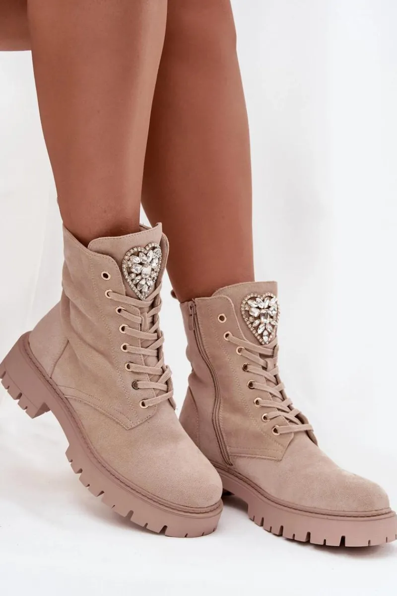 Clearance Boto Botki Workery Damskie Z Kryształkami Na Języku Jasnobeżowe Rosira Beżowy