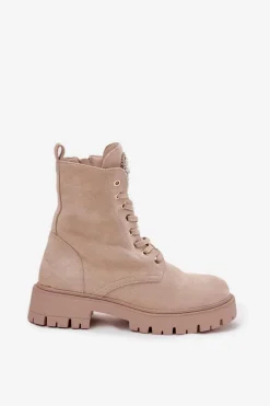 Clearance Boto Botki Workery Damskie Z Kryształkami Na Języku Jasnobeżowe Rosira Beżowy