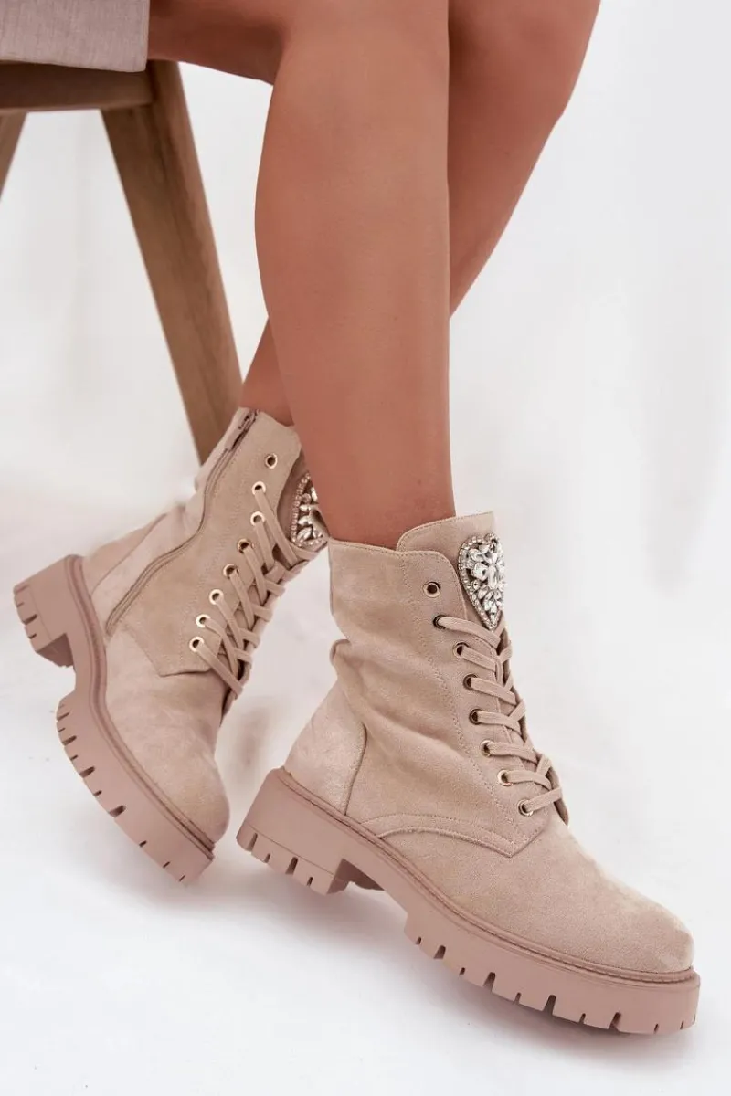 Clearance Boto Botki Workery Damskie Z Kryształkami Na Języku Jasnobeżowe Rosira Beżowy