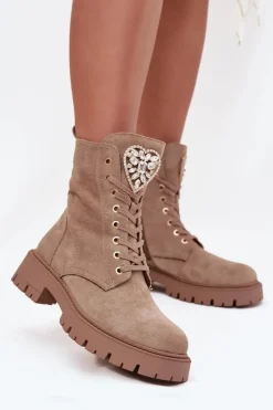 Botki Sznurowane|Botki Płaskie>Boto Botki Workery Damskie Z Kryształkami Na Języku Beżowe Rosira Beżowy