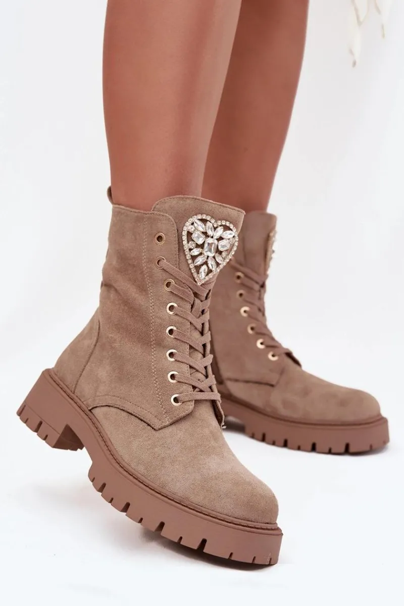 Botki Sznurowane|Botki Płaskie>Boto Botki Workery Damskie Z Kryształkami Na Języku Beżowe Rosira Beżowy
