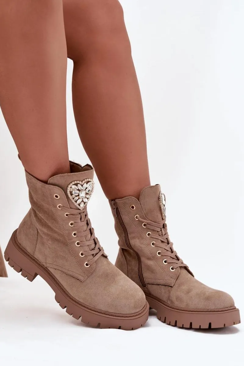 Botki Sznurowane|Botki Płaskie>Boto Botki Workery Damskie Z Kryształkami Na Języku Beżowe Rosira Beżowy