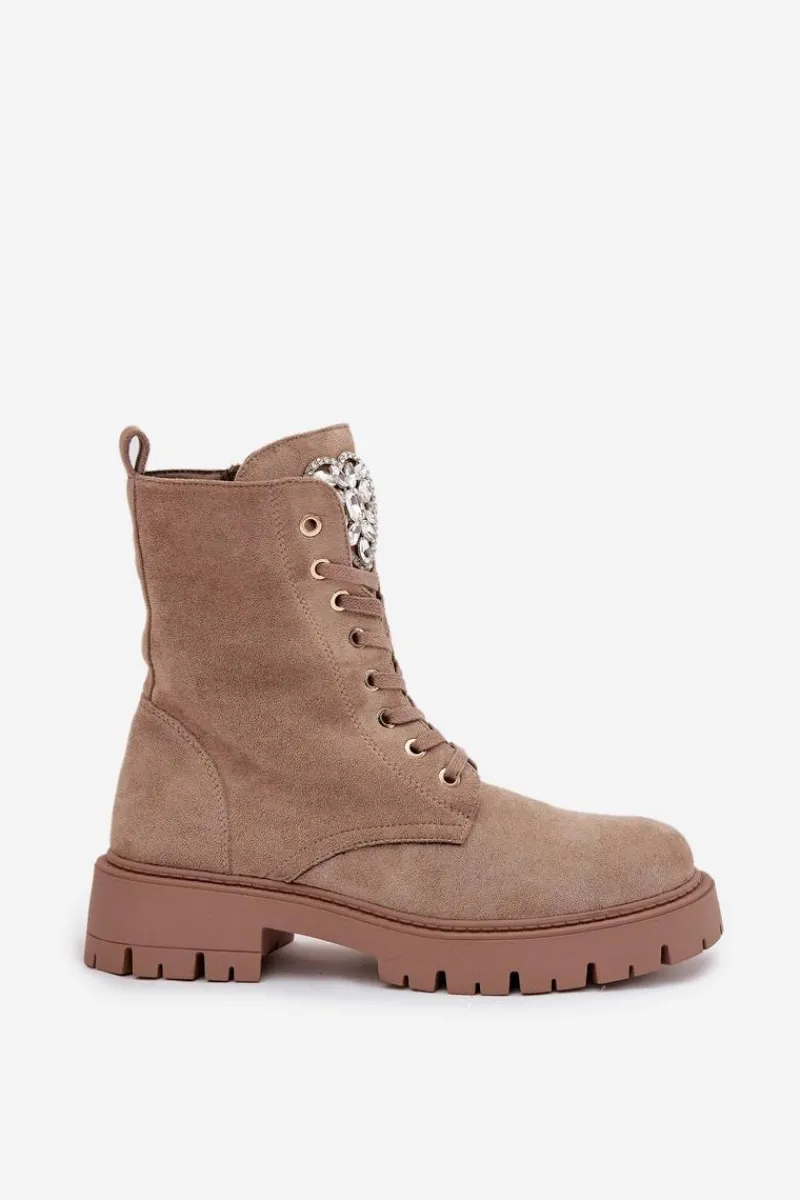 Botki Sznurowane|Botki Płaskie>Boto Botki Workery Damskie Z Kryształkami Na Języku Beżowe Rosira Beżowy