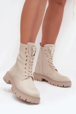 Botki Sznurowane|Brązowe I Beżowe Botki>Boto Botki Workery Damskie Z Kryształkami Na Języku Jasnobeżowe Rosira