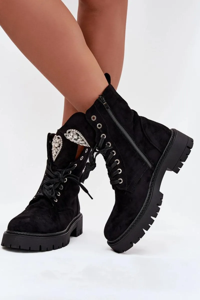Sale Boto Botki Workery Damskie Z Kryształkami Na Języku Czarne Rosira Czarny