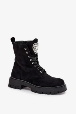 Sale Boto Botki Workery Damskie Z Kryształkami Na Języku Czarne Rosira Czarny