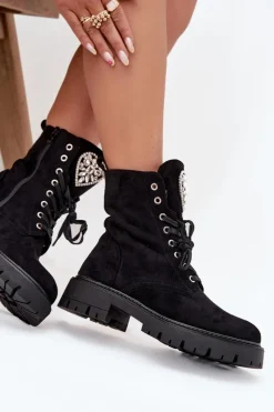 Sale Boto Botki Workery Damskie Z Kryształkami Na Języku Czarne Rosira Czarny