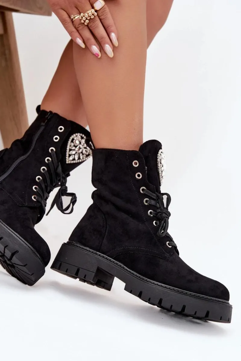 Sale Boto Botki Workery Damskie Z Kryształkami Na Języku Czarne Rosira Czarny