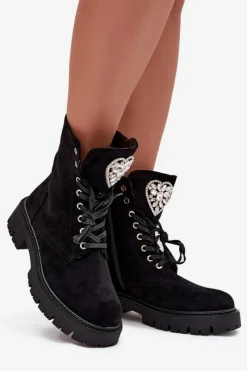 Sale Boto Botki Workery Damskie Z Kryształkami Na Języku Czarne Rosira Czarny