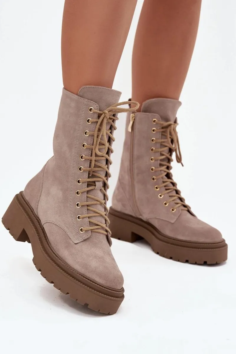 Botki Ocieplane|Botki Skórzane>Zazoo Botki Workery Damskie Z Naturalnego Zamsz Ocieplane 4213 Beżowe Beżowy