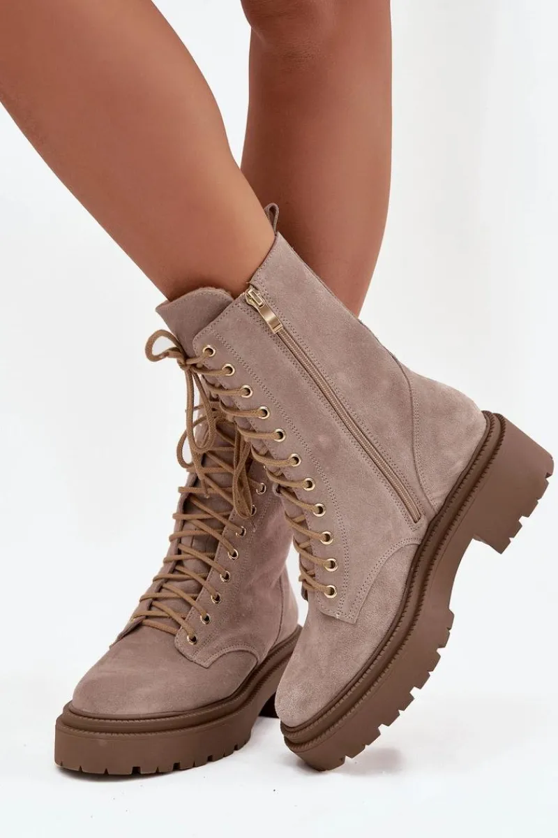 Botki Ocieplane|Botki Skórzane>Zazoo Botki Workery Damskie Z Naturalnego Zamsz Ocieplane 4213 Beżowe Beżowy